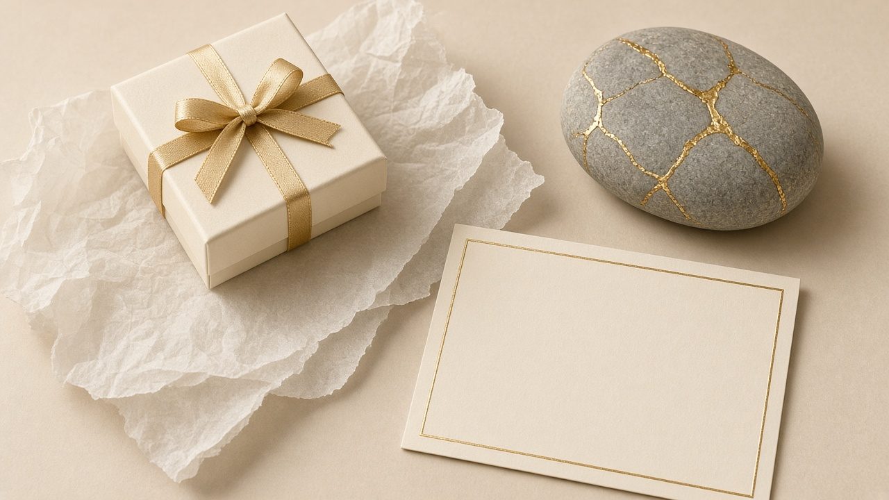 A cream gift box tied with gold ribbon beside a message card